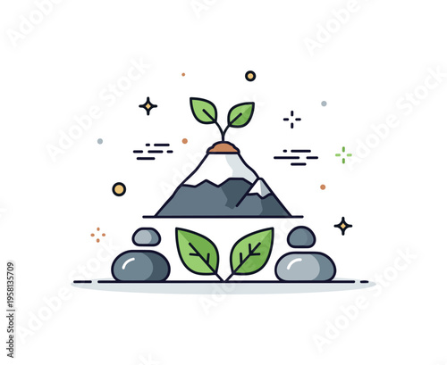 Earth element small stylized mountain with a young plant growing from the top while stones and leaf icons form a grounded natural symbol. The scene reflects