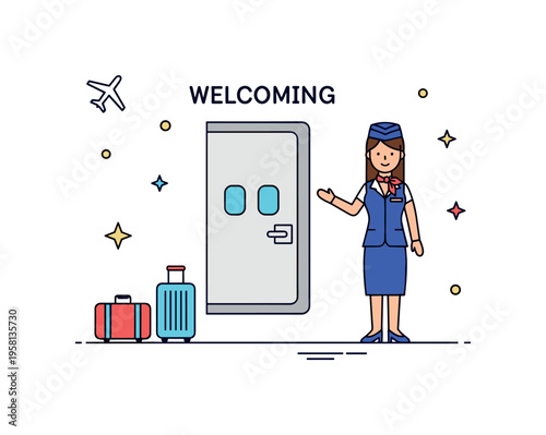 Flight attendants welcoming passengers friendly cabin crew member standing near an airplane door with a welcoming gesture while small luggage icons and star