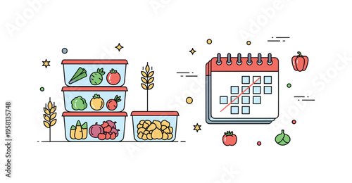 Healthy weekly food preparation featuring organized containers with small icons of vegetables and grains while a calendar symbol highlights planned meals. The