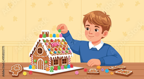 Boy Decorating Gingerbread House with Candy.