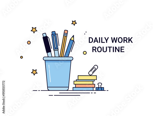 Daily desk routine tidy organizer cup with pens and pencils standing beside a small stack of sticky notes and paper clips. Balanced composition highlighting