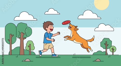 Boy Playing with Dog Catching Frisbee.