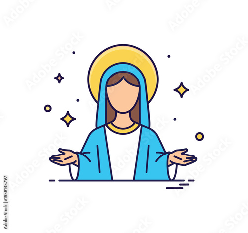 Sacred Marian symbol illustrated by a haloed figure of Mary with hands open in a gesture of blessing while small star accents appear nearby. Spiritual concept