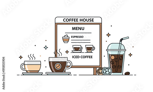 Coffee house drink selection centered on a menu board with illustrated cups for latte, espresso, and iced coffee while tiny star accents add a friendly cafe