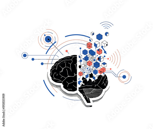 black and white brain transforming into geometric digital cubes and signal lines symbolizing neural interface communication, white outline cut-out effect,