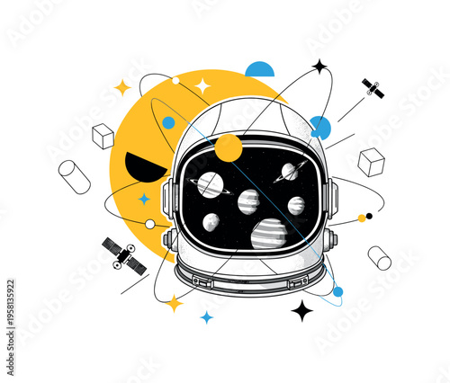 conceptual universe scene with black and white astronaut helmet reflecting planets, cut-out collage with white outline, large yellow cosmic circle behind the