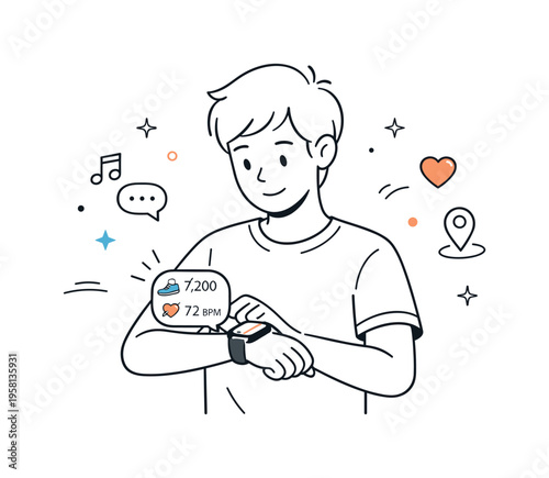 Wearable technology overview. A person looking at a smartwatch displaying simple health stats like steps and heart rate. Everyday tech use, calm confidence,