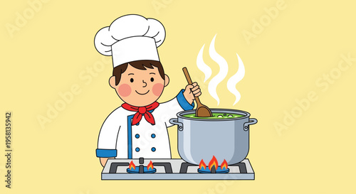 Cartoon Chef Cooking on Stovetop with Pot.