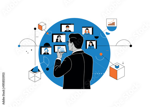 black and white leader looking at multiple floating video call windows around them, cut-out figure with white outline effect, large blue circle behind the