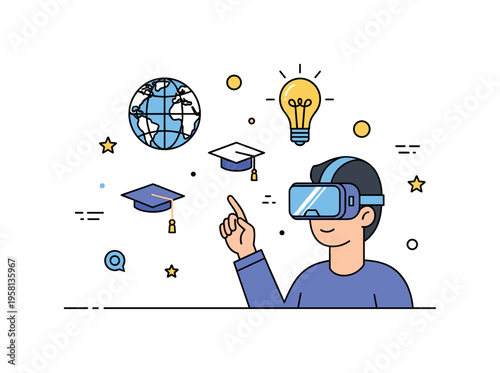 Virtual reality learning scene showing a person wearing a VR headset while interacting with floating educational icons such as a globe and lightbulb. The