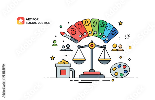 Art for social justice palette with paint colors arranged around a justice scale icon suggesting the role of creativity in advocating equality and rights. The