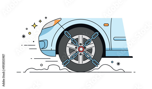 Driving with snow chains close view of a car tire equipped with metal chains gripping snowy terrain while subtle motion lines highlight stability and movement.