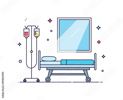 Hospital care and recovery quiet hospital room with a simple patient bed, IV stand, and window light shining softly into the space. The peaceful composition