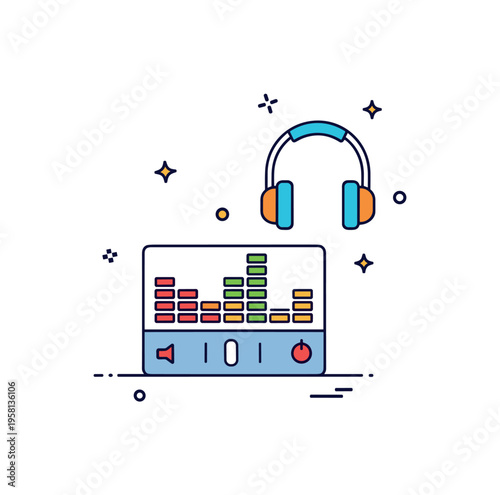Music intensity visualization centered on a compact equalizer with rising and falling bars beside a headphone icon. The scene expresses rhythm, dynamic audio