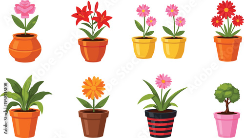 Potted plants and flowers set. Cute indoor garden illustration collection. Colorful houseplants for home decor, spring design, and decorative botanical themes.