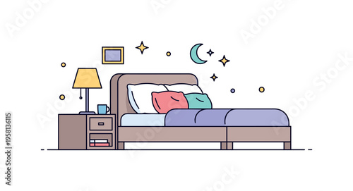 Comfortable nighttime bedroom featuring a bed with soft cushions, a bedside lamp, and subtle star accents suggesting peaceful sleep. The composition expresses