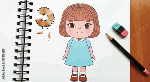 Cartoon Girl Character Illustration in Notebook.
