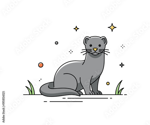 Mink wildlife portrait elegant animal sitting calmly with its long tail curled beside the body while small grass shapes frame the scene. The composition