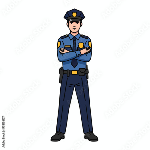 Cartoon police officer standing with arms crossed, stern expression