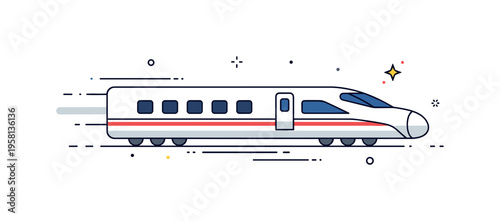 Bullet train innovation represented by a streamlined train icon with subtle motion lines and a tiny star accent suggesting speed. Clean transportation concept