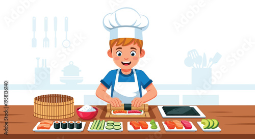 Cartoon Chef Preparing Sushi Ingredients.