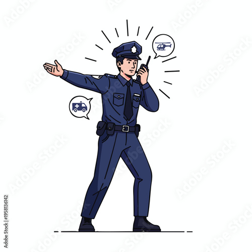 Officer directing traffic with radio, signaling, helicopter, ambulance icons