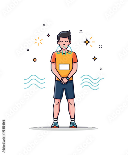 Focused athlete moment showing a runner standing still with eyes closed while gently breathing before a race. Subtle wave lines and small spark icons