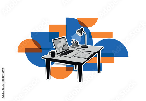 black and white coworking desk with laptop, notebook, and small desk lamp in a calm workspace setting, cut-out collage object with white outline, abstract