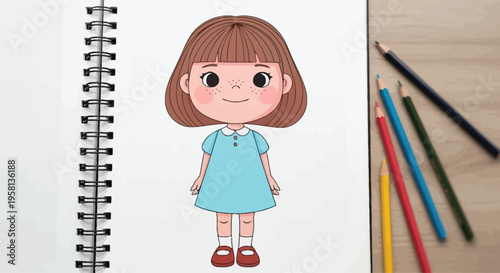 Cartoon Girl Illustration in Notebook Drawing.