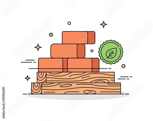 Sustainable building materials concept stack of eco friendly bricks and wooden beams with a small leaf badge symbolizing low impact construction resources. The