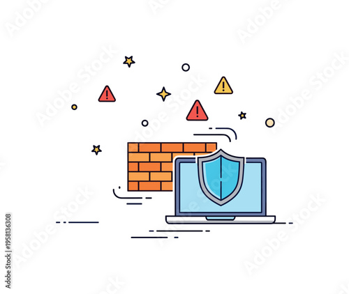 Digital firewall defense centered on a laptop protected by a small brick wall and shield icon while tiny alert symbols bounce away. The composition represents
