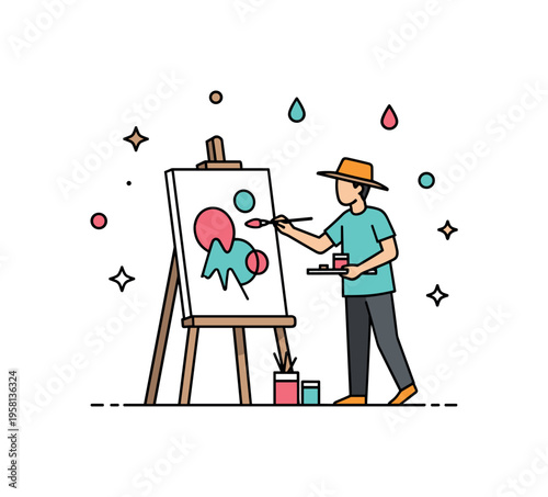 Street art painting performance with an artist painting on a canvas stand while small decorative paint drops and stars float around. The moment reflects