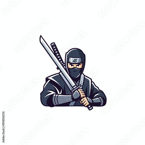 Determined ninja in dark outfit, holding two swords, with a village symbol on forehead
