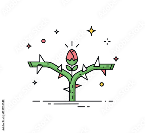 Nature defense system depicted as a thorny stem protecting a tiny flower bud in the center. Conceptual illustration of survival, adaptation, and quiet strength