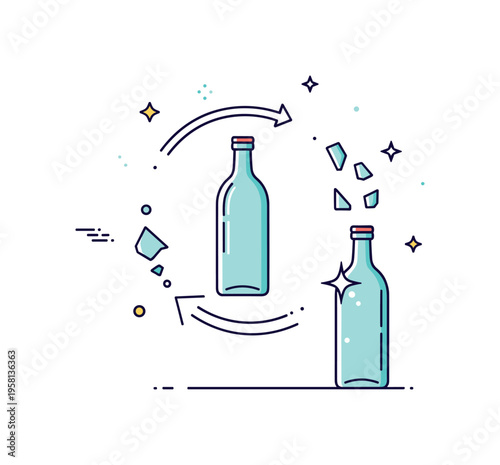 Glass recycling loop glass bottle connected with circular arrows and small shards turning into a new clean bottle again. The scene symbolizes