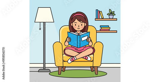 Girl Reading Book in Yellow Armchair.