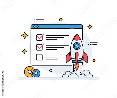Software release testing checklist nearly completed on a screen while a rocket icon symbolizes launching a stable product. Concept expressing readiness,