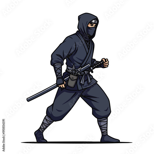 A dark-clad warrior strides purposefully, sword at side, mask concealing face