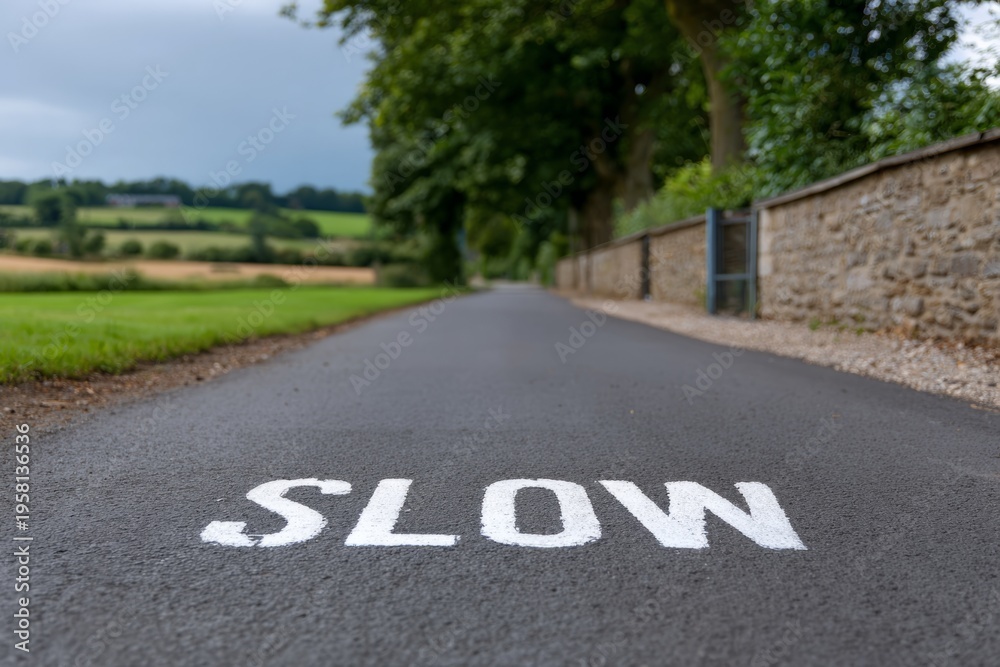 Obraz premium Slow Sign on Paved Country Road with Greenery