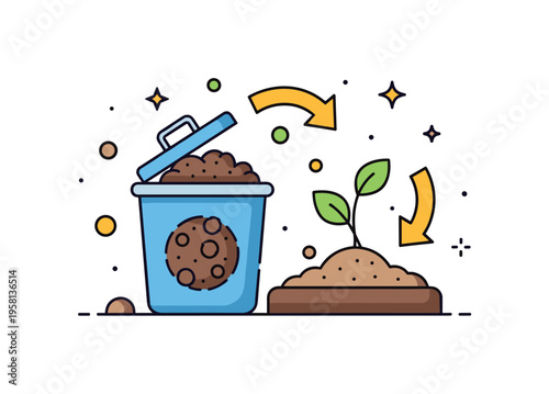 Backyard compost cycle where a small compost bin sits beside a garden bed with a young plant growing from rich soil. The scene shows how kitchen scraps return