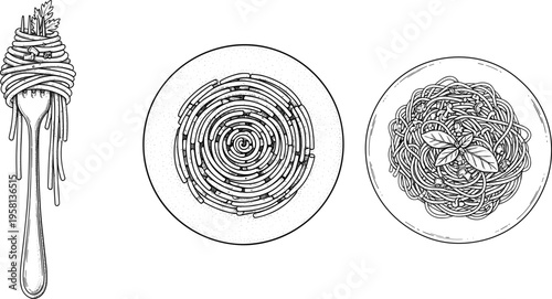 Spaghetti Pasta Illustration Set with Fork Twirl and Plate Views in Detailed Line Art Style for Italian Food and Culinary Design