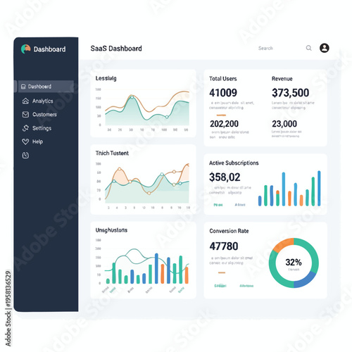Modern SaaS dashboard with navigation, charts, user data, revenue, and conversion rate
