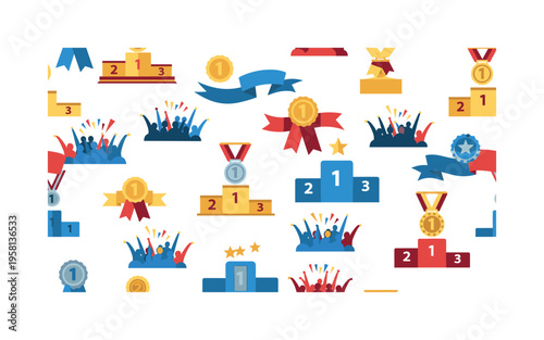 honor and celebration seamless pattern, repeating pattern, surface design, textile print, modern illustration of award ceremonies, medals on podiums, ribbons,
