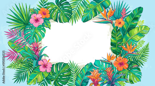 A vibrant tropical floral frame with lush green leaves and colorful exotic flowers on a light blue background, perfect for summer invitations or decorations.
