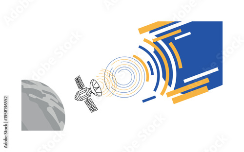 monochrome satellite orbiting a planet with signal waves expanding outward, layered circular rings and abstract geometric bars representing communication