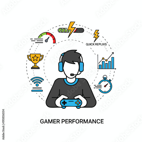 A gamer wearing headphones holds a controller, surrounded by icons symbolizing performance metrics