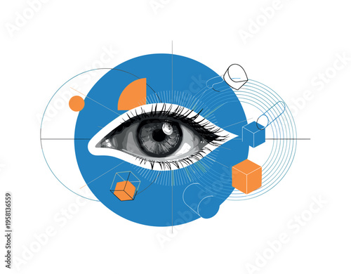 black and white extreme close-up eye with detailed iris and pupil contrast, white cut-out contour around the eye, large blue circle behind symbolizing vision