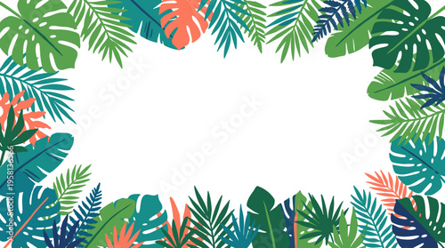 A vibrant tropical foliage border with lush green, teal, and coral leaves framing a white empty space, perfect for text or design.