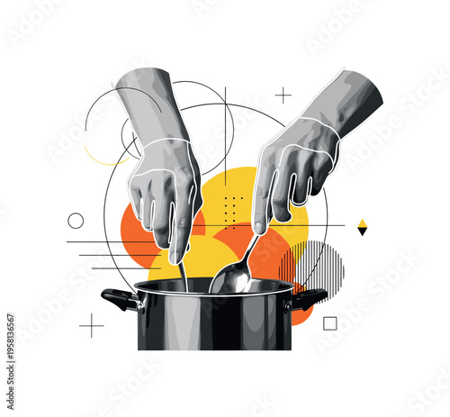 human hands stirring pot with spoon abstract circles lines and geometric shapes representing homemade cooking black and white retro realistic hands with white