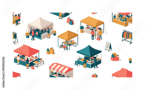 miniature pop-up markets seamless pattern, temporary stalls, customers browsing, shopping bags, display racks, signage and tents arranged in a repeating